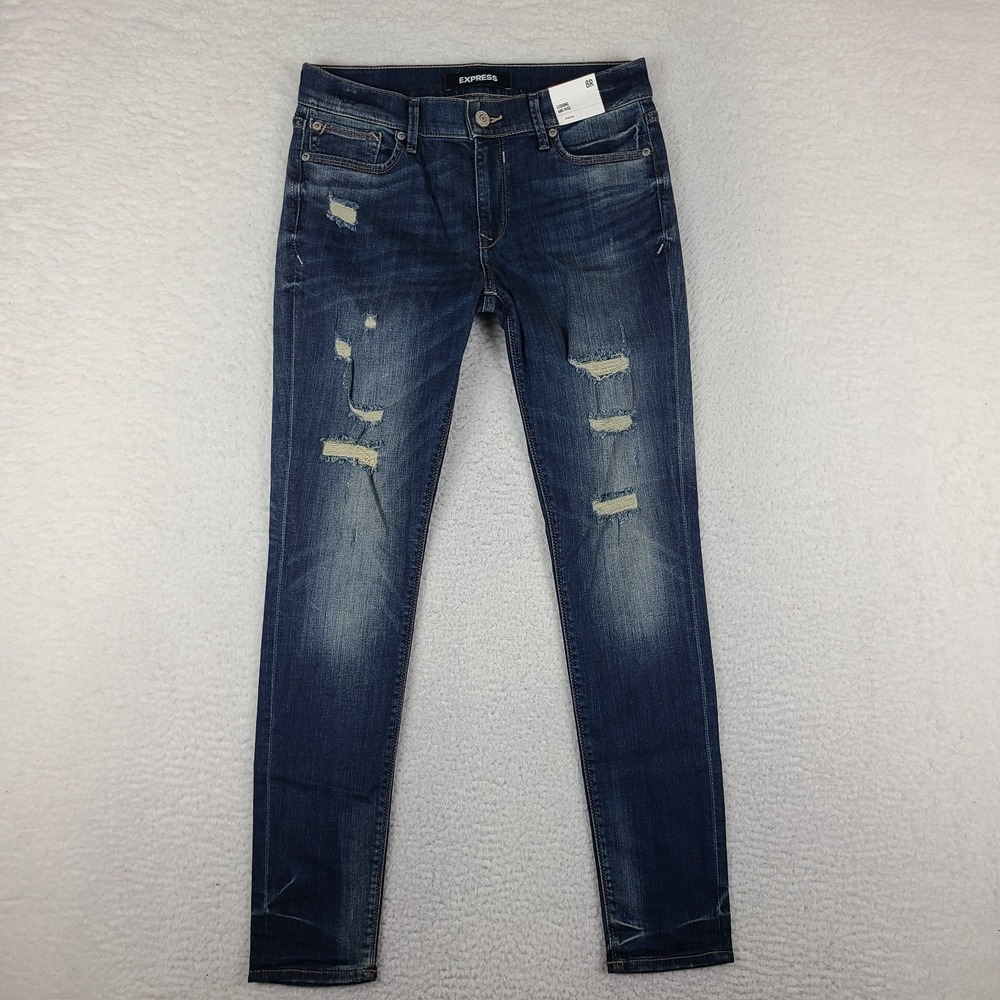EXPRESS Jeans Womens 8 Blue Legging Mid Rise Stretch Distress Dark Wash NWT NEW